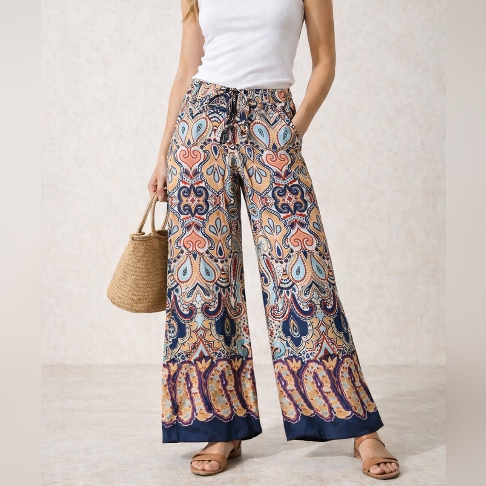 Zara Multicolor Paisley Wide Leg Jumpsuit-Style Pants